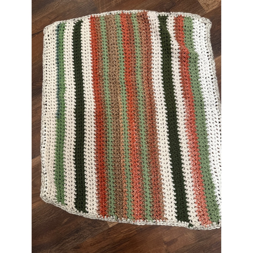 Handmade Crochet Throw Blanket Striped Sage Green Orange Tan Boho Cottagecore